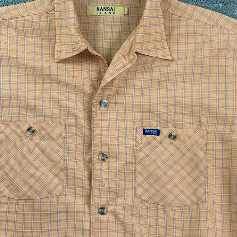 Kansai Yamamoto Jeans Mens L Plaid Shirt Short Sleeve Tan Japanese Designer